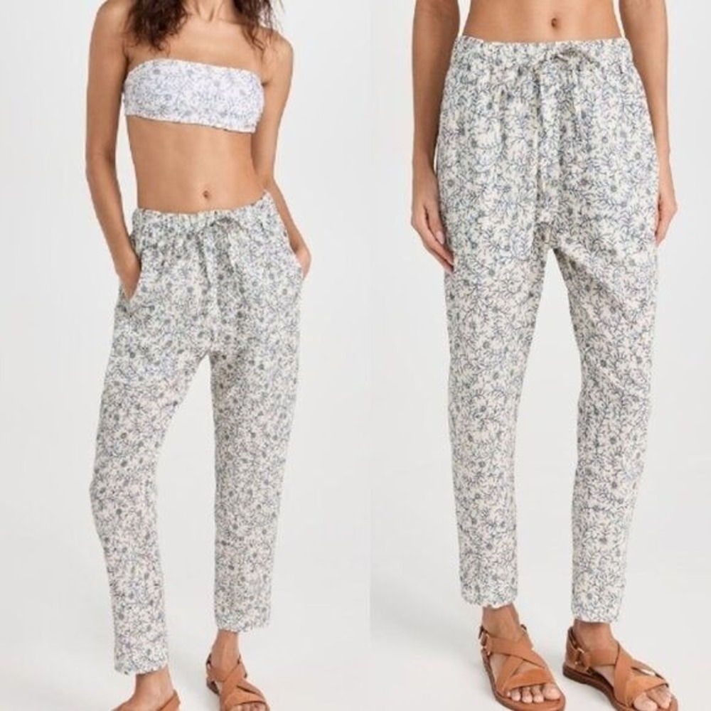 Xirena Pants Womens Medium Draper Straight Leg Pull On Floral White Blue Cotton